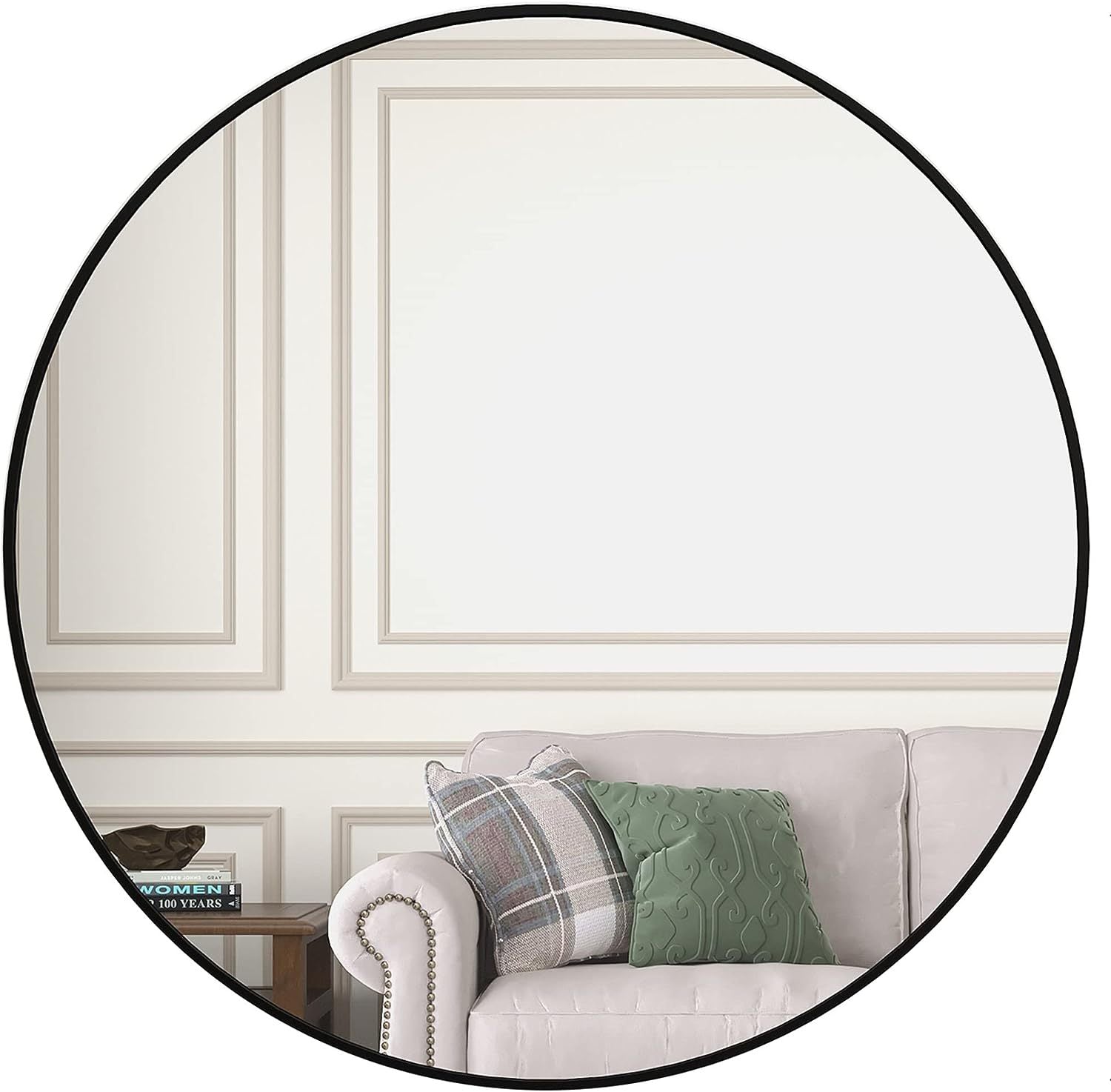 Round black aluminum frame bath mirror from Anthony & Home, 36-inch wall-mounted with high-definition glass for modern bathrooms.