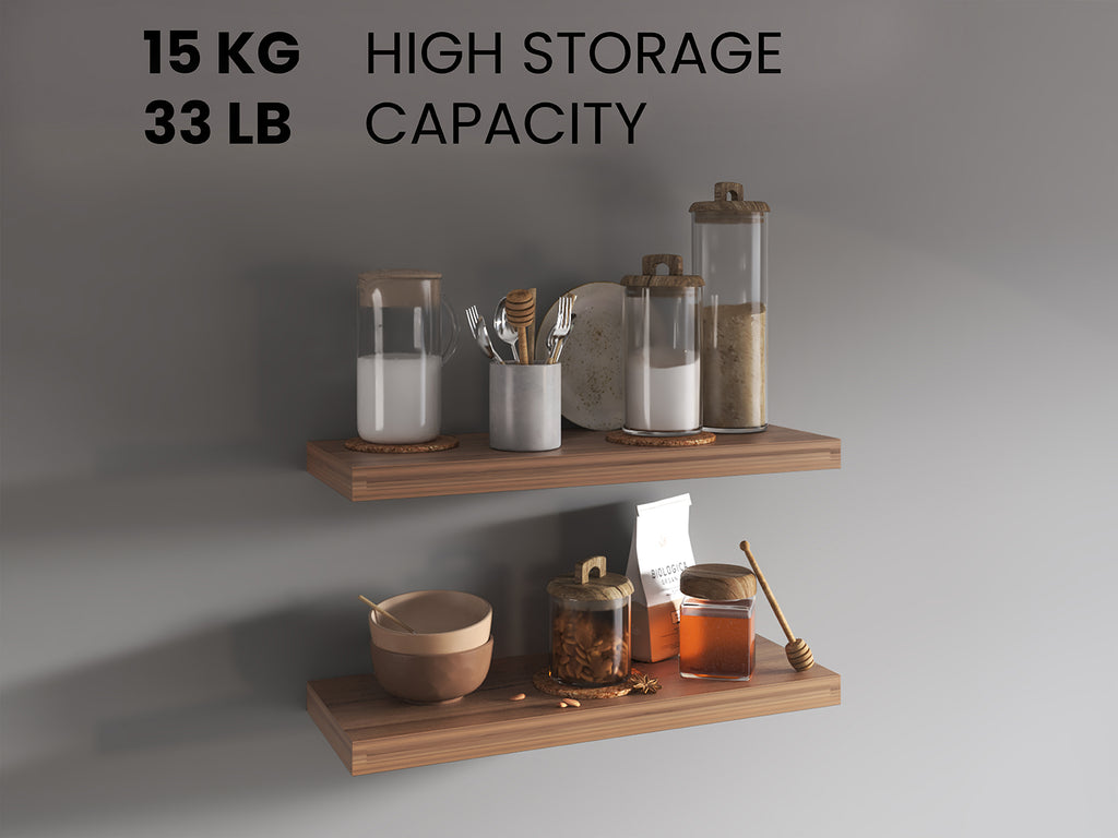 Set of two Anthony & Home Ecco Atelier floating shelves mounted on a wall, showcasing modern wooden storage and display space.