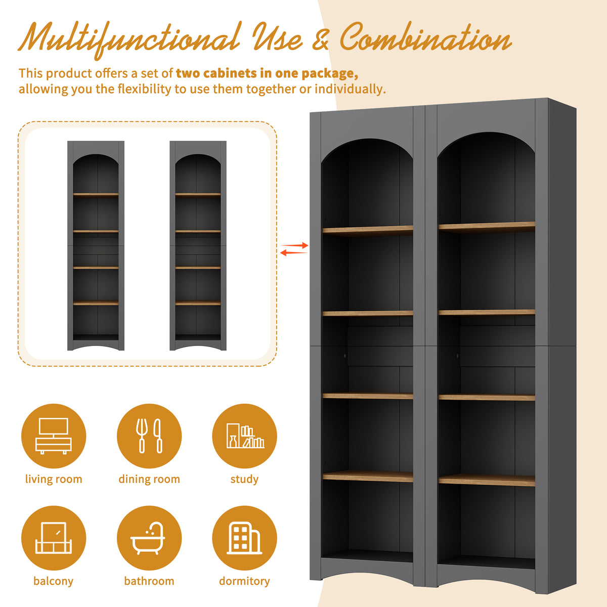 Anthony & Home Atelier two-tone farmhouse 5-tier bookcase set with wood shelves and black metal frame, showcasing versatile storage.