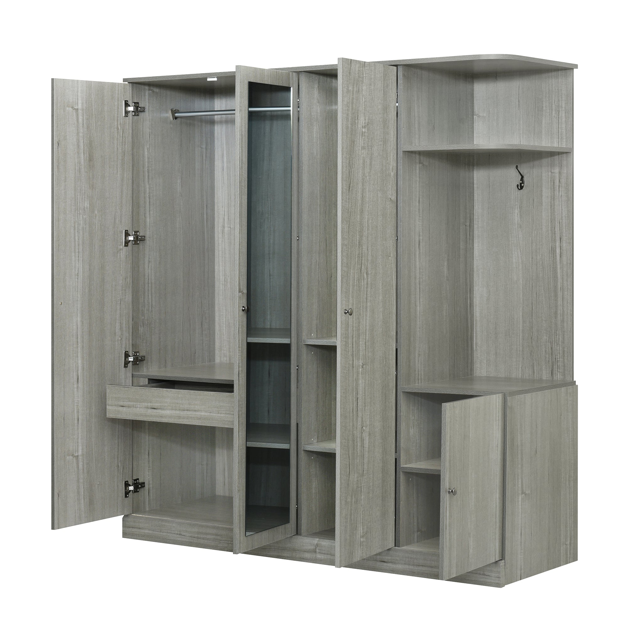 Anthony & Home Studio Gray four-door wardrobe with full-length mirror, showcasing sleek design and ample storage space.