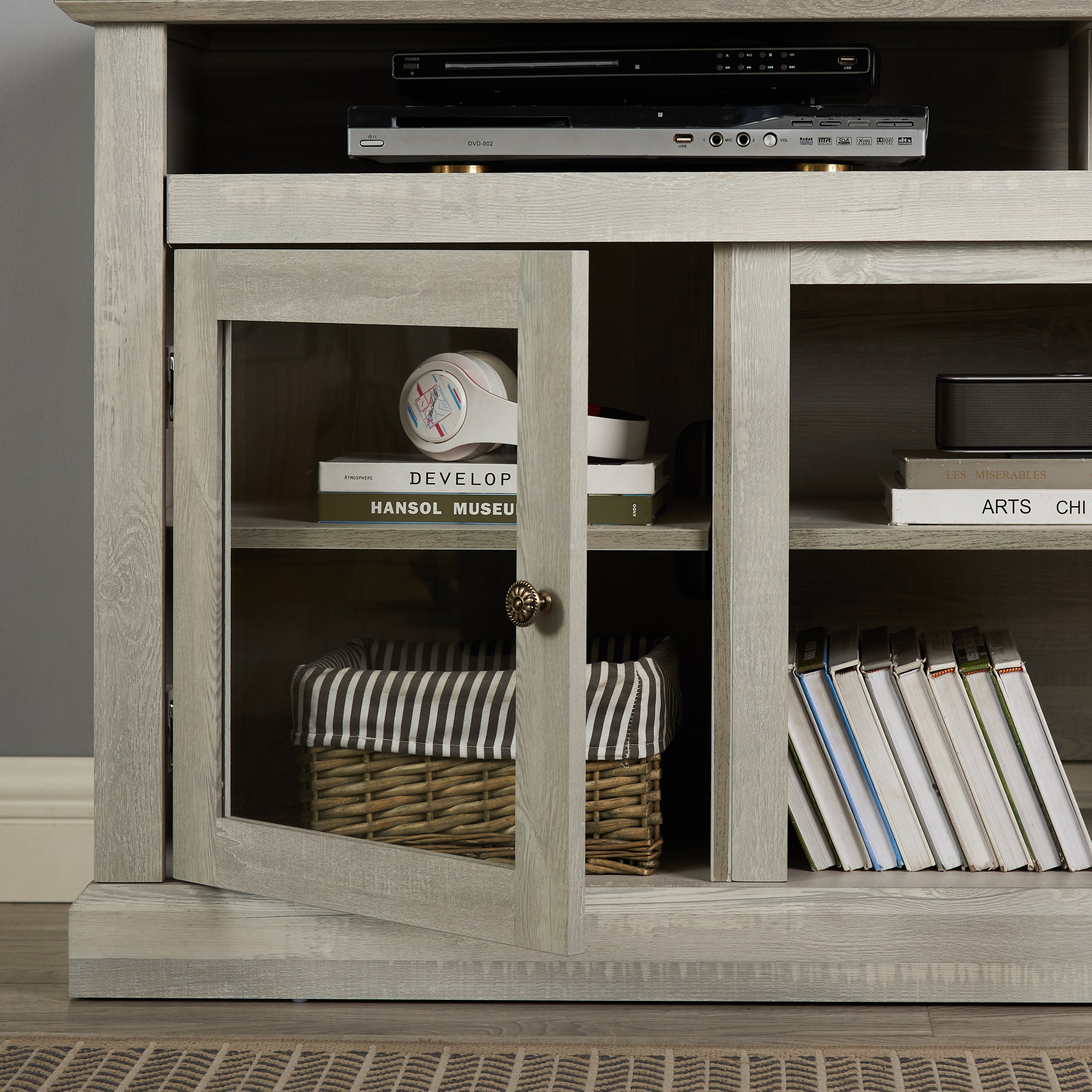 Anthony & Home Atelier Stone Gray TV console with dual storage, showcasing modern design and spacious compartments.