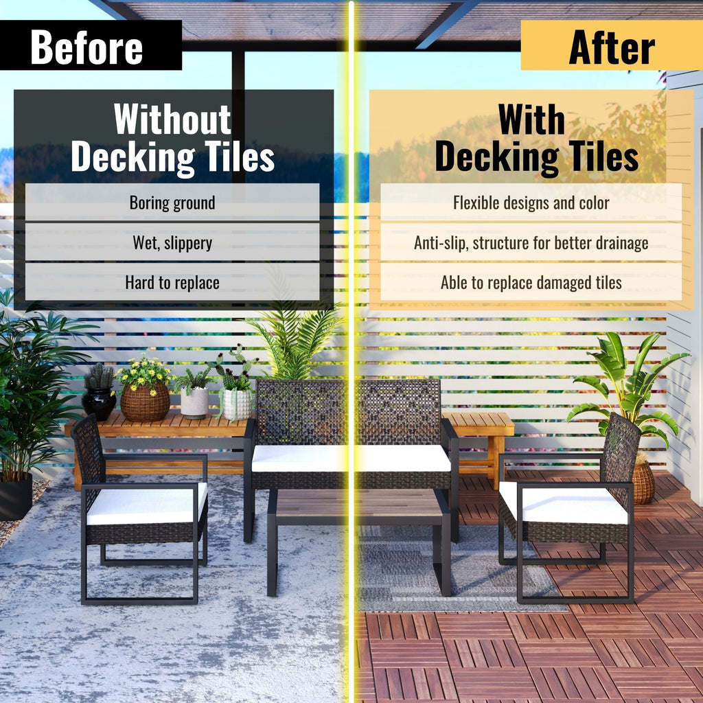Anthony & Home Acacia Studio Interlocking Deck Tiles in striped pattern, 12-inch size, showing the textured wooden surface.
