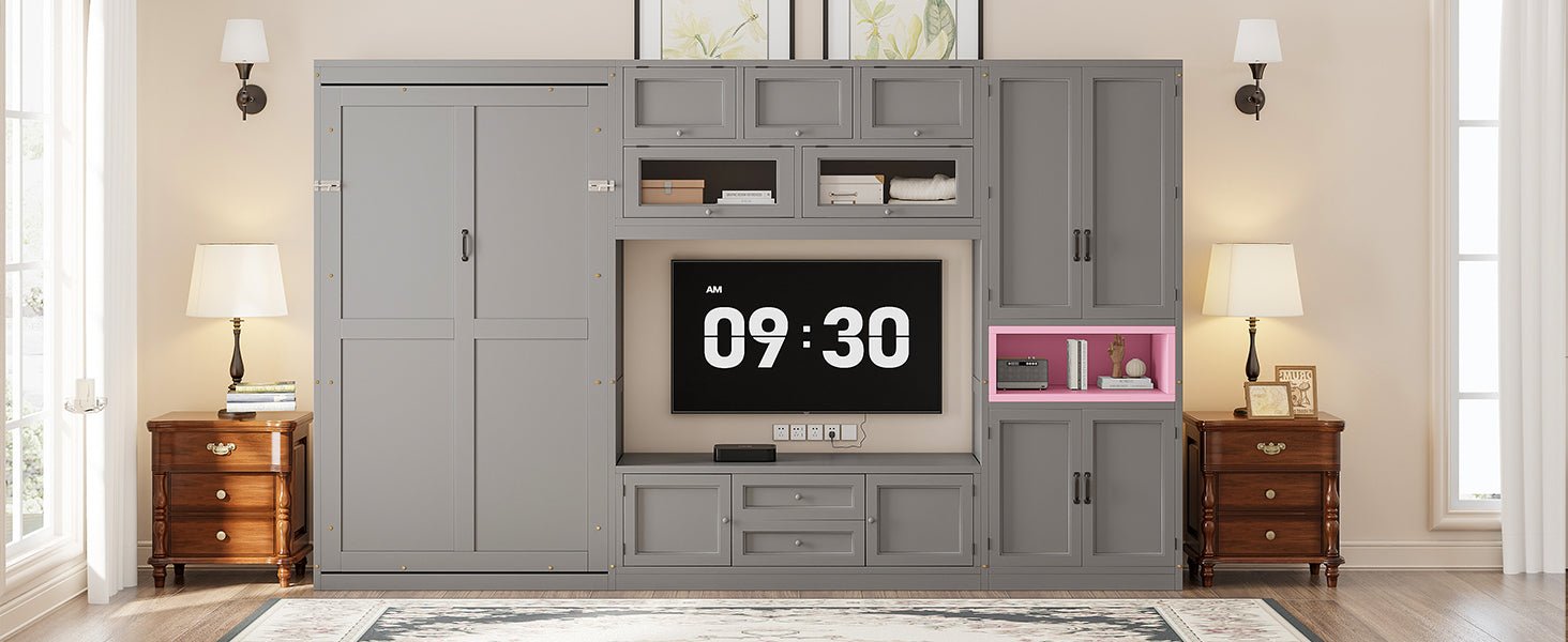 Gray solid wood Atelier Murphy Bed TV stand with built-in drawers by Anthony & Home, featuring a sleek, modern design.