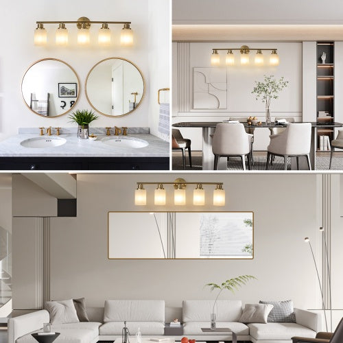 Five Light Gold Wall Mount Vanity Light With Frosted Shade