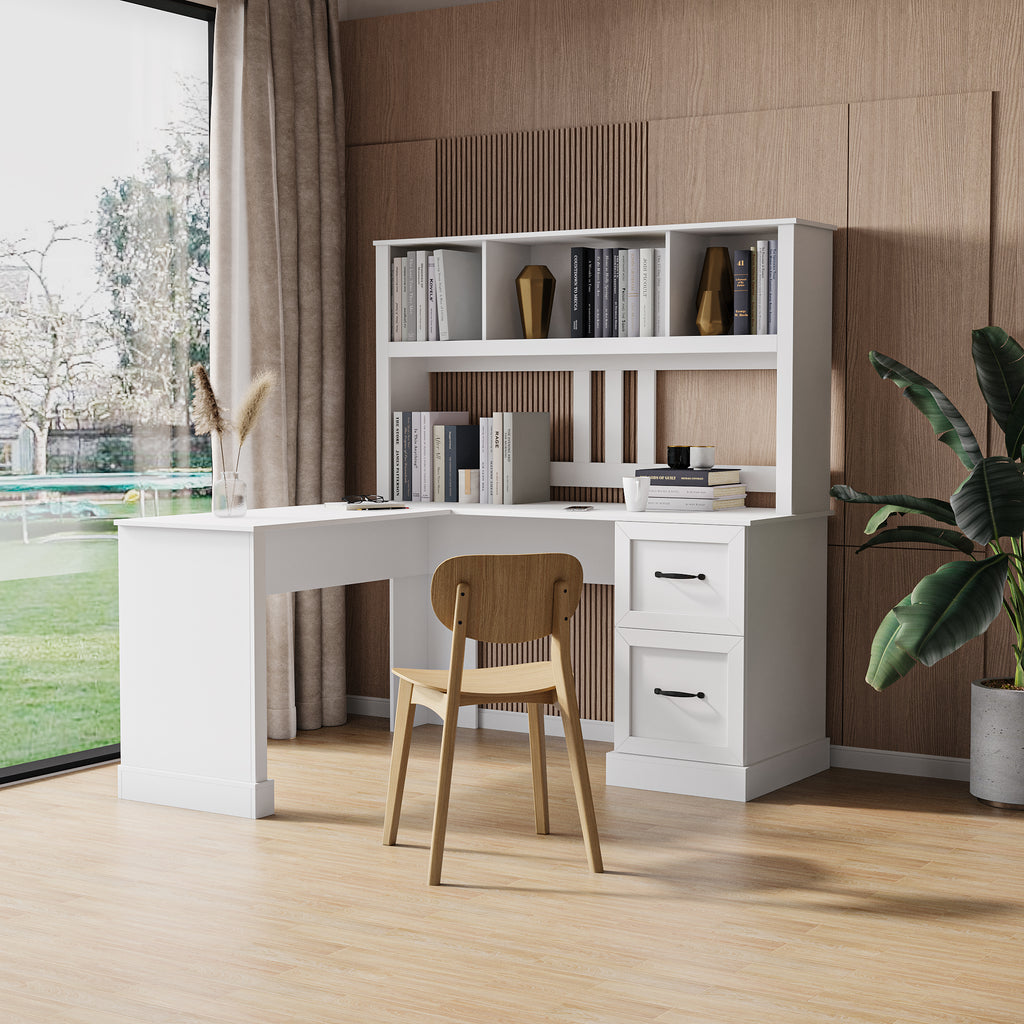 Antiqued white desk with hutch by Anthony & Home, featuring vintage-style wood finish and ample storage space.