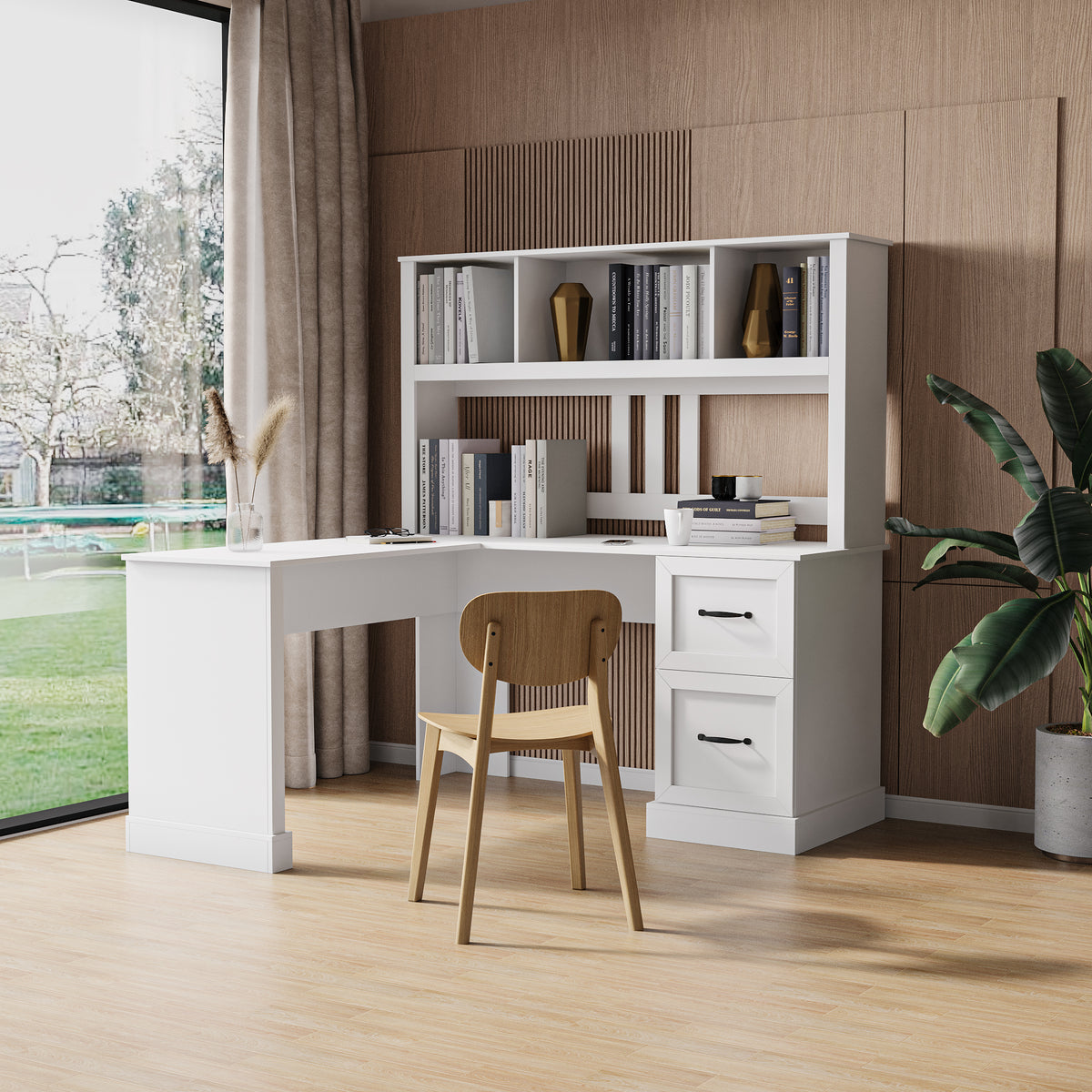 Antiqued white desk with hutch by Anthony & Home, featuring vintage-style wood finish and ample storage space.