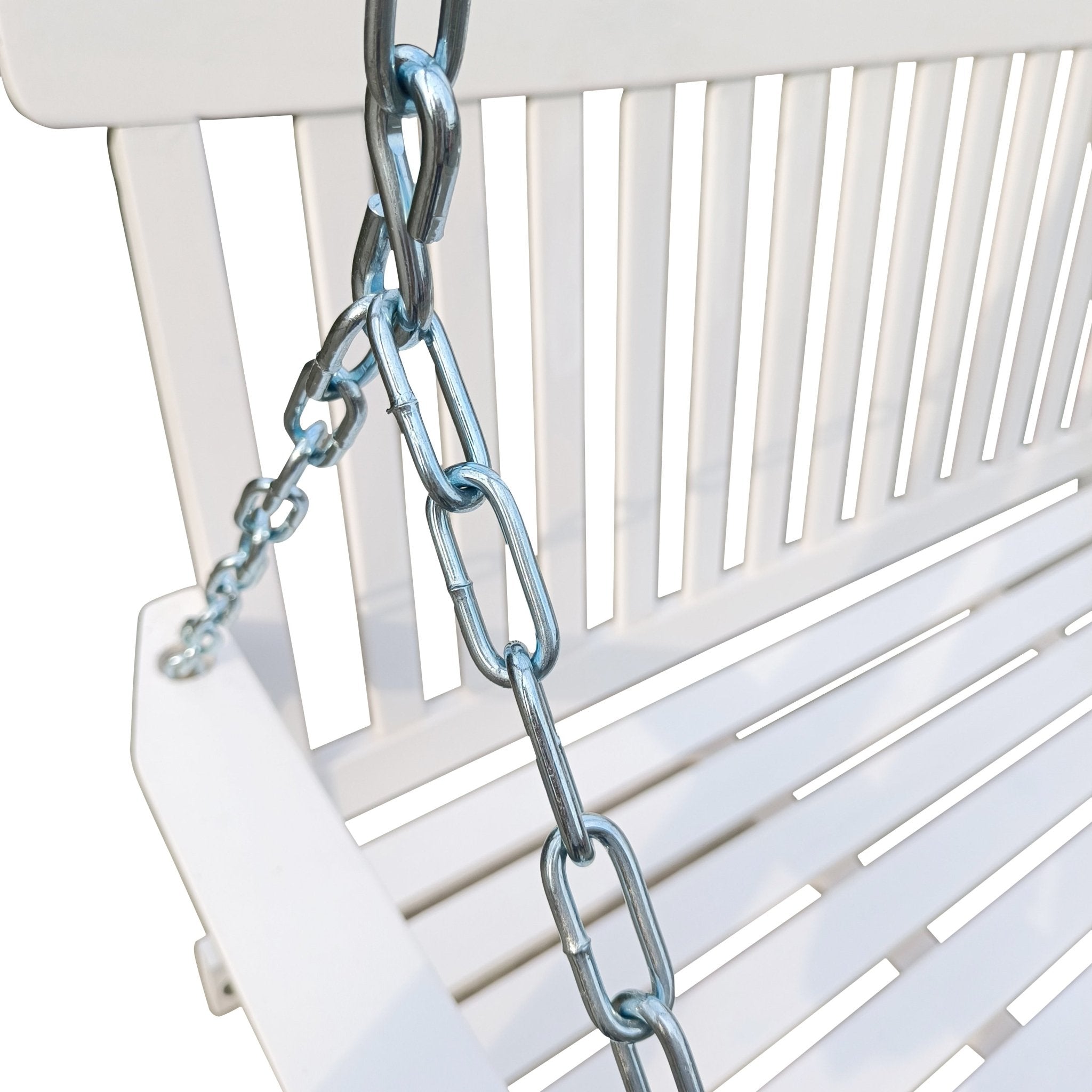 Anthony & Home Signature White Finish Fir Wood Porch Swing hanging on a porch with comfortable cushions and rustic design.