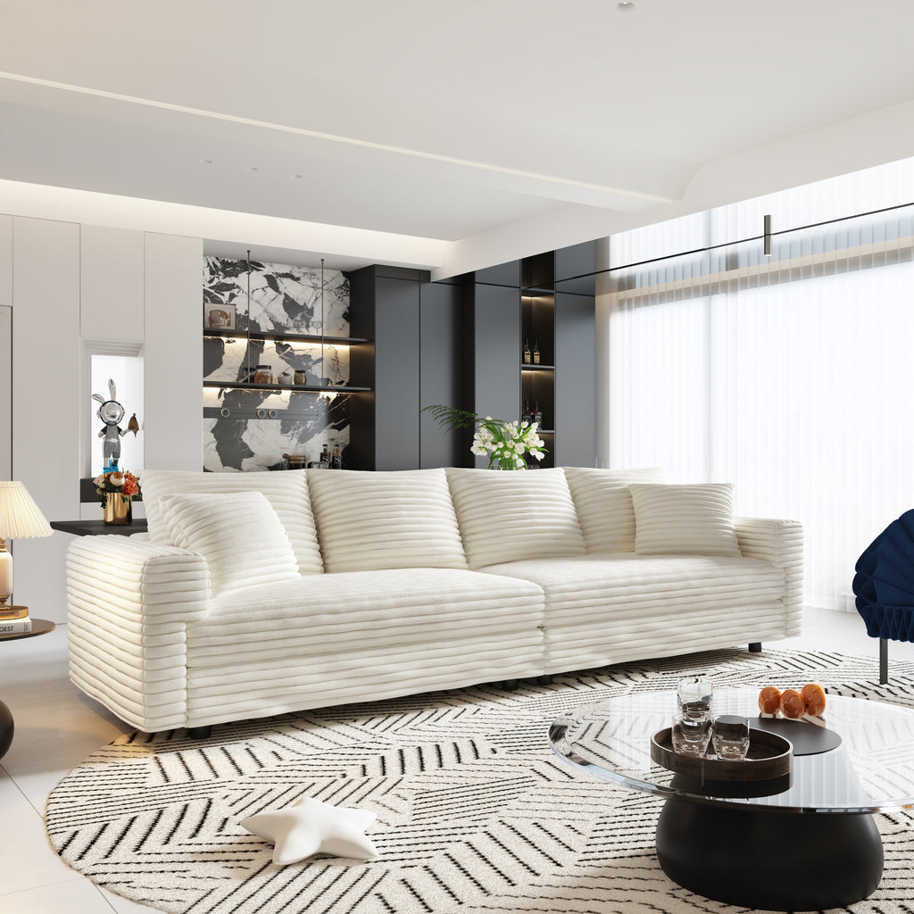 Anthony & Home Atelier Plush Corduroy 4-Seat Sofa with soft fabric and modern design, shown in a cozy living room setting.