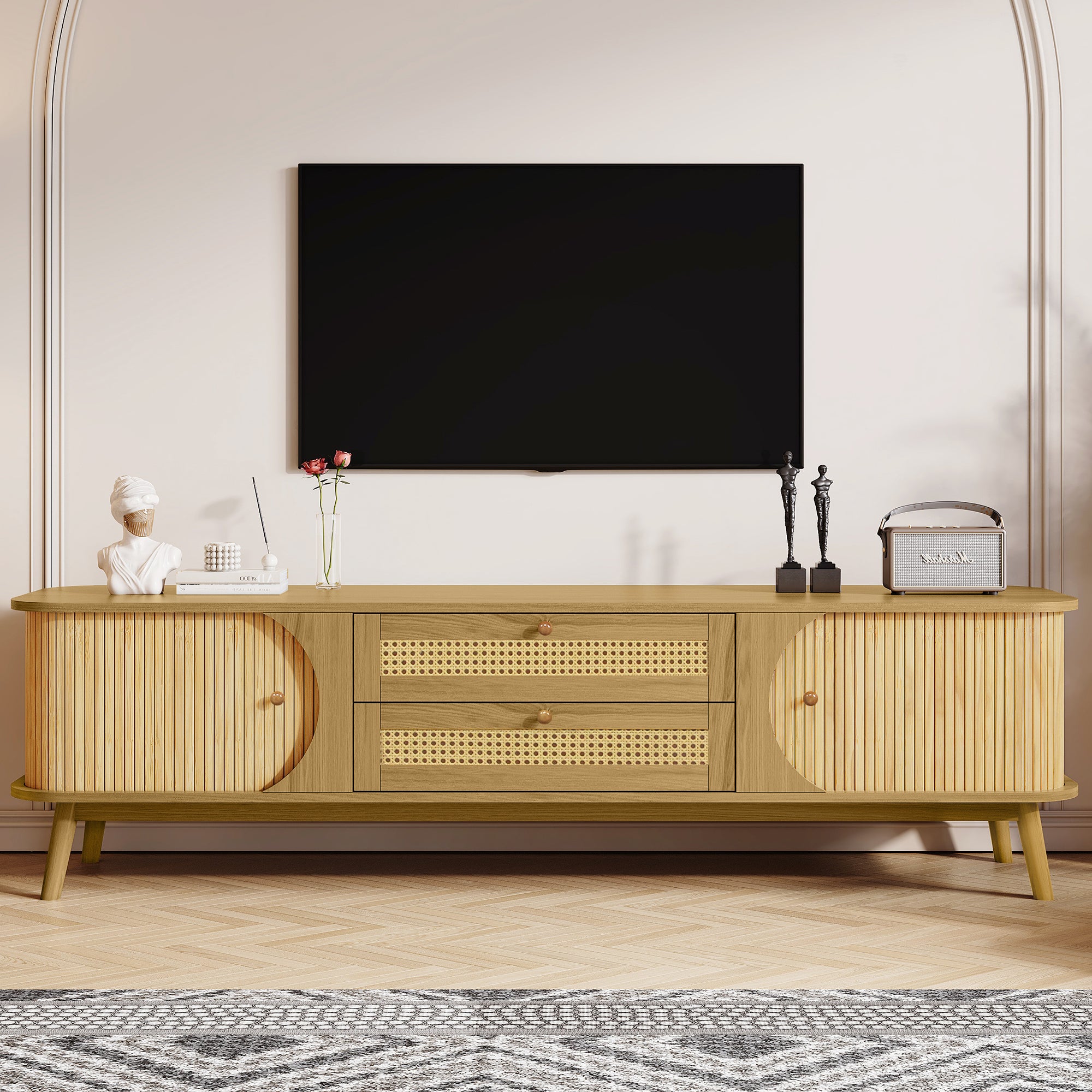 Anthony & Home rattan television console with open shelves and wooden accents, ideal for modern living room decor.