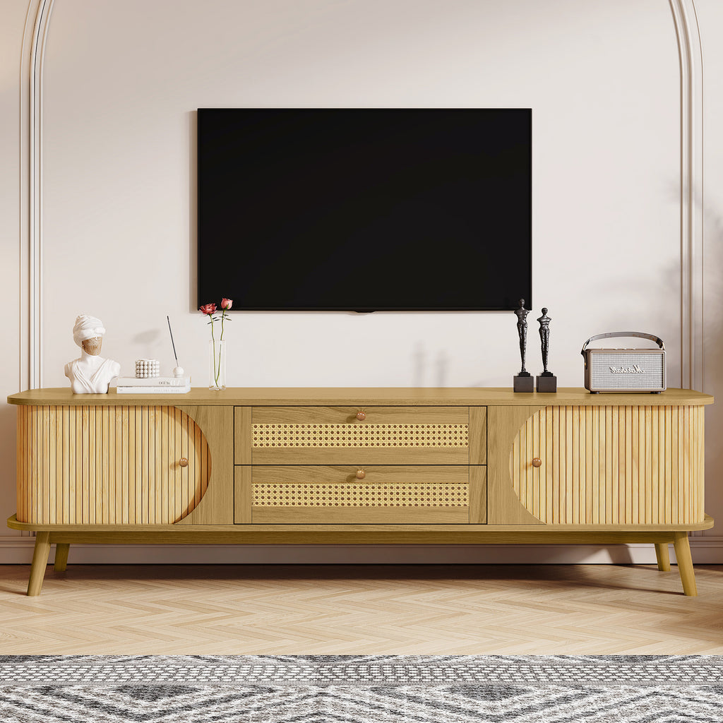 Anthony & Home rattan television console with open shelves and wooden accents, ideal for modern living room decor.