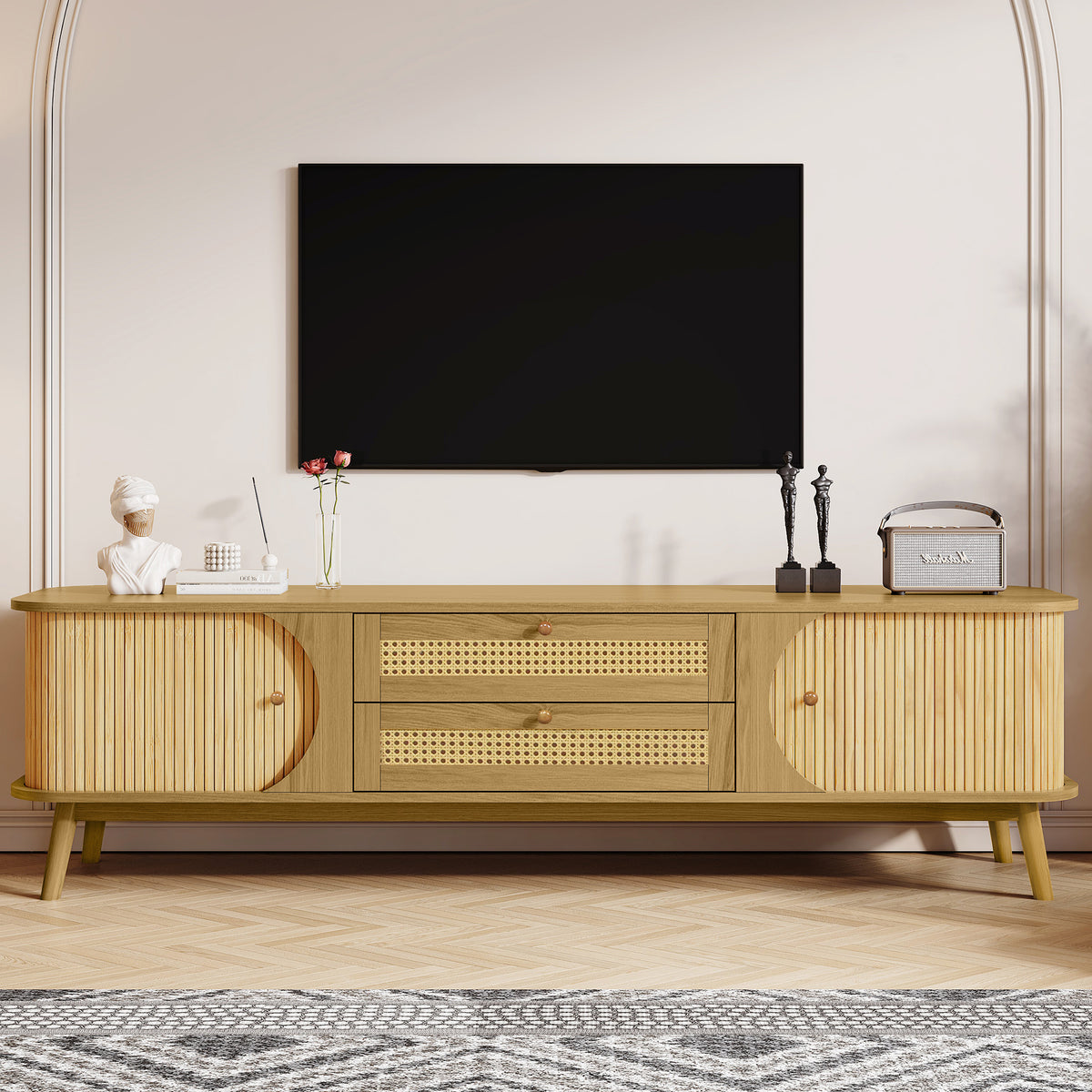 Anthony & Home rattan television console with open shelves and wooden accents, ideal for modern living room decor.