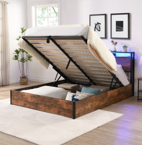 Wooden Platform Bed Frame With Lift Storage And Charging