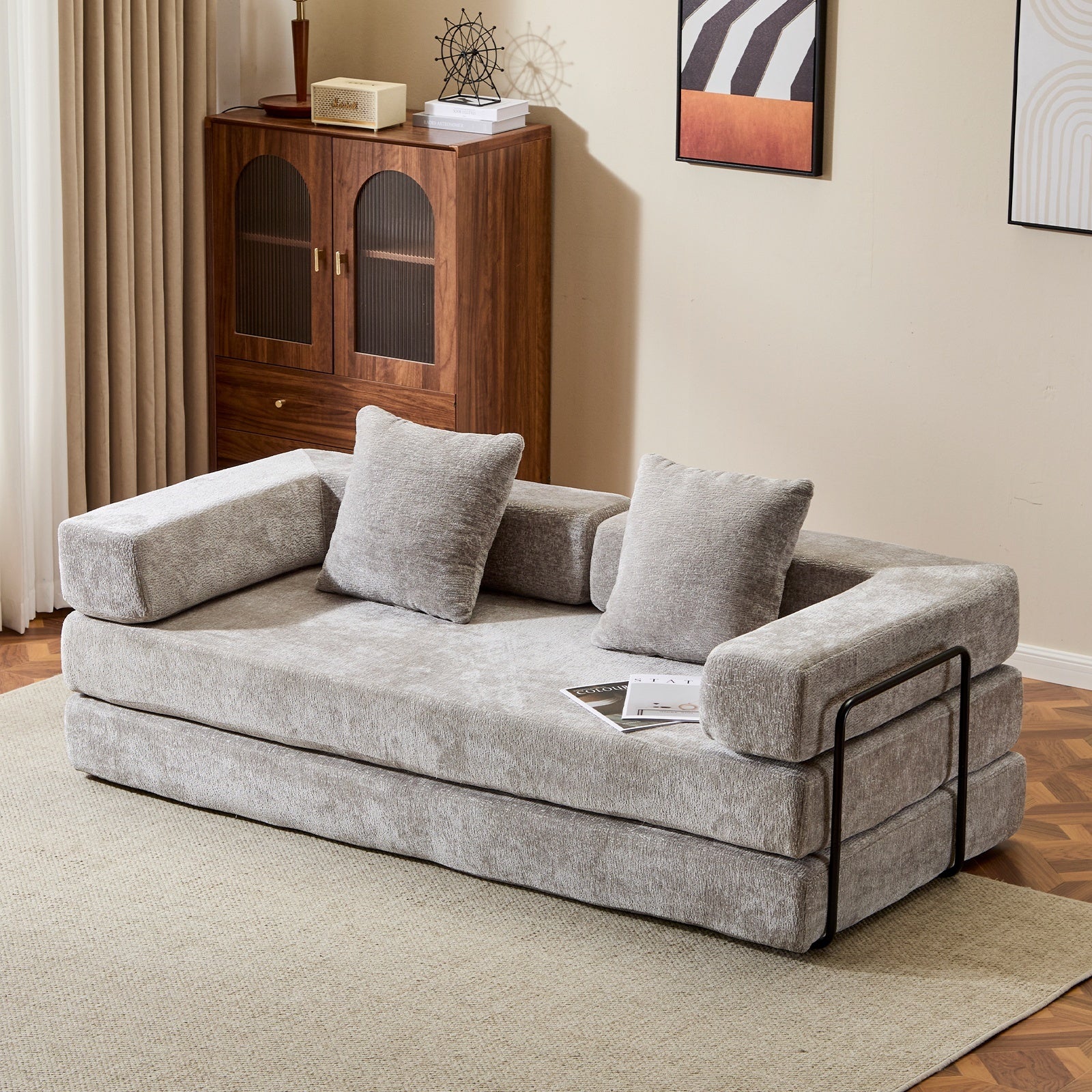 Light grey Anthony & Home chenille sofa bed with pillow back, convertible design and modern style.