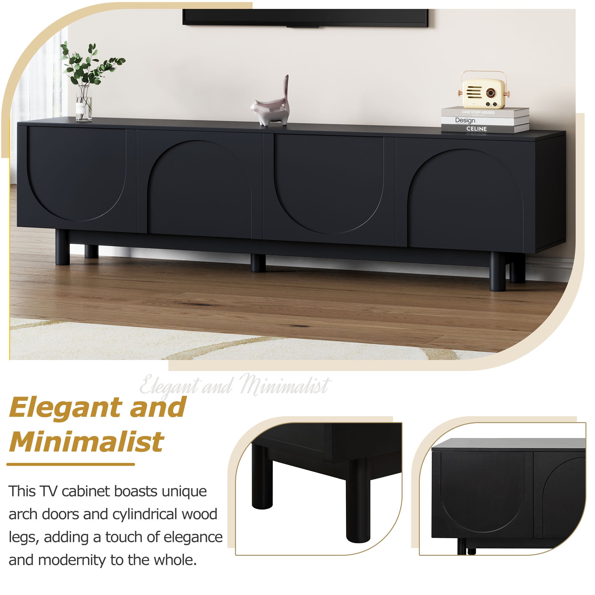 Black Anthony & Home ON-TREND TV stand with arch cabinets, solid wood legs, adjustable shelves, suitable for 78-inch TVs.