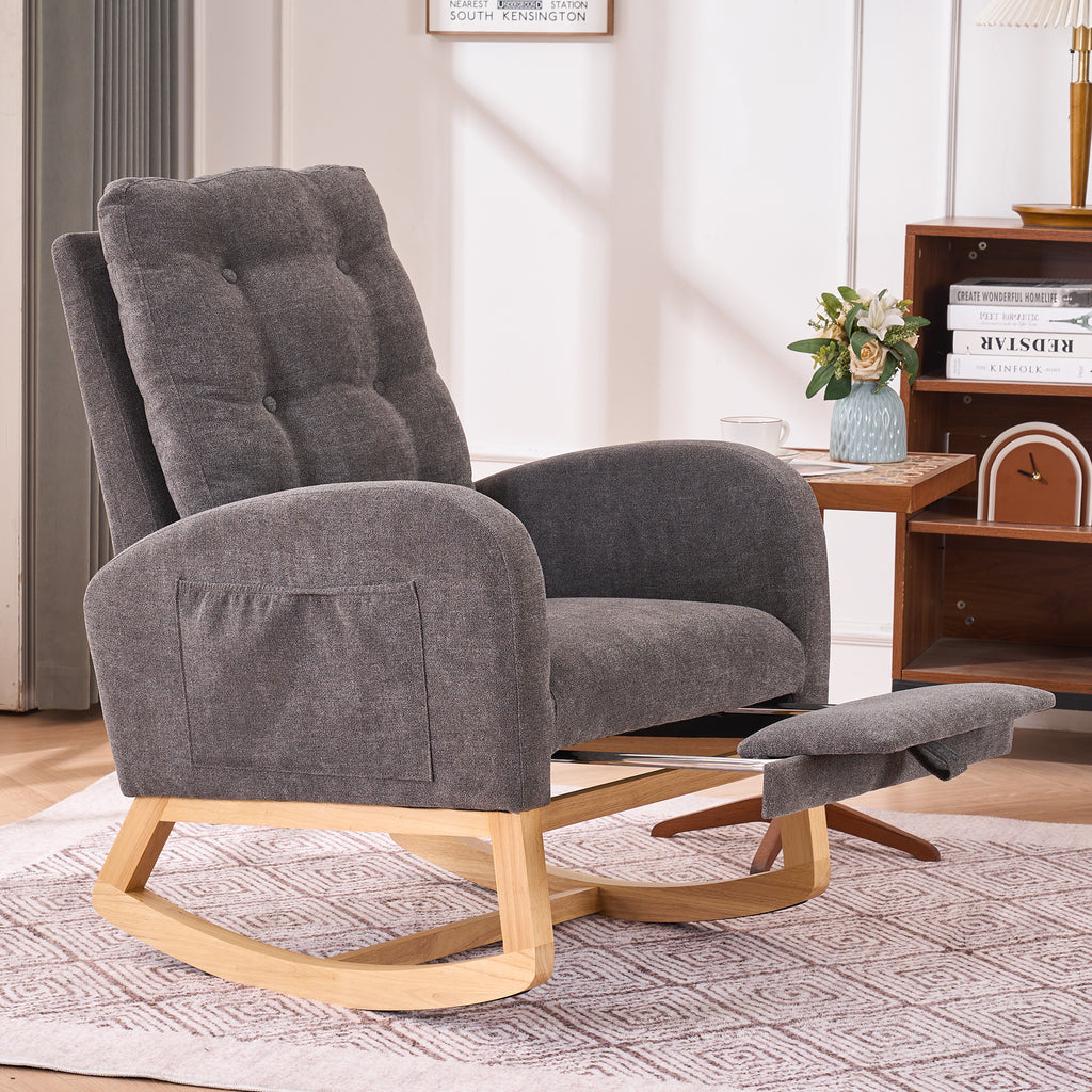 Gray Anthony & Home rocking chair with footrest, rubber wood frame, perfect for studio relaxation and stylish comfort.