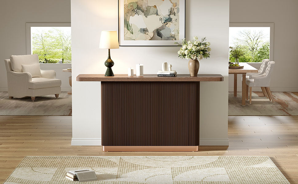 Anthony & Home console table with ash veneer top, fluted base, and metal accents in a modern Studio Collection design.