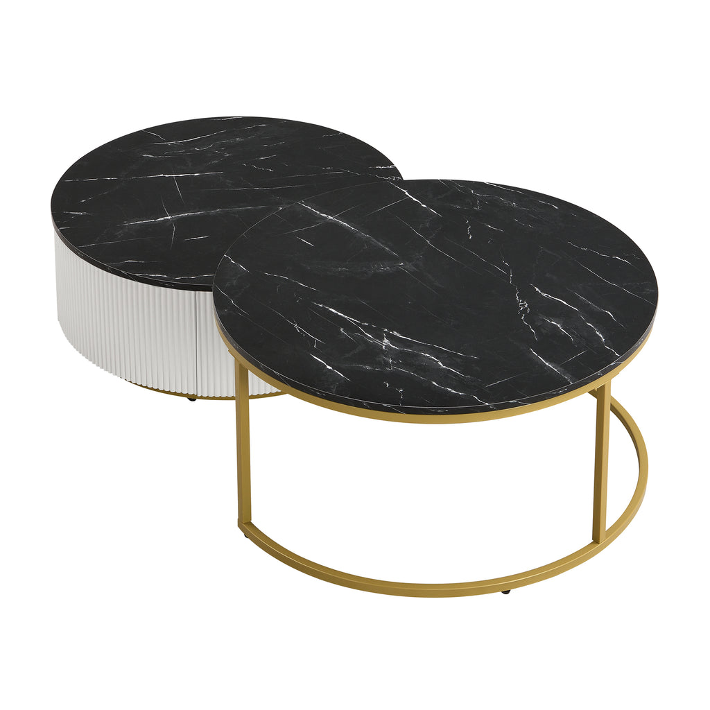 Brass round nesting coffee table with fluted design and drawer by Anthony & Home, showcasing its elegant craftsmanship and functional style.