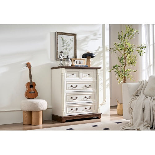 Farmhouse Style 5 Drawer Dresser Chest Rustic Wood Base