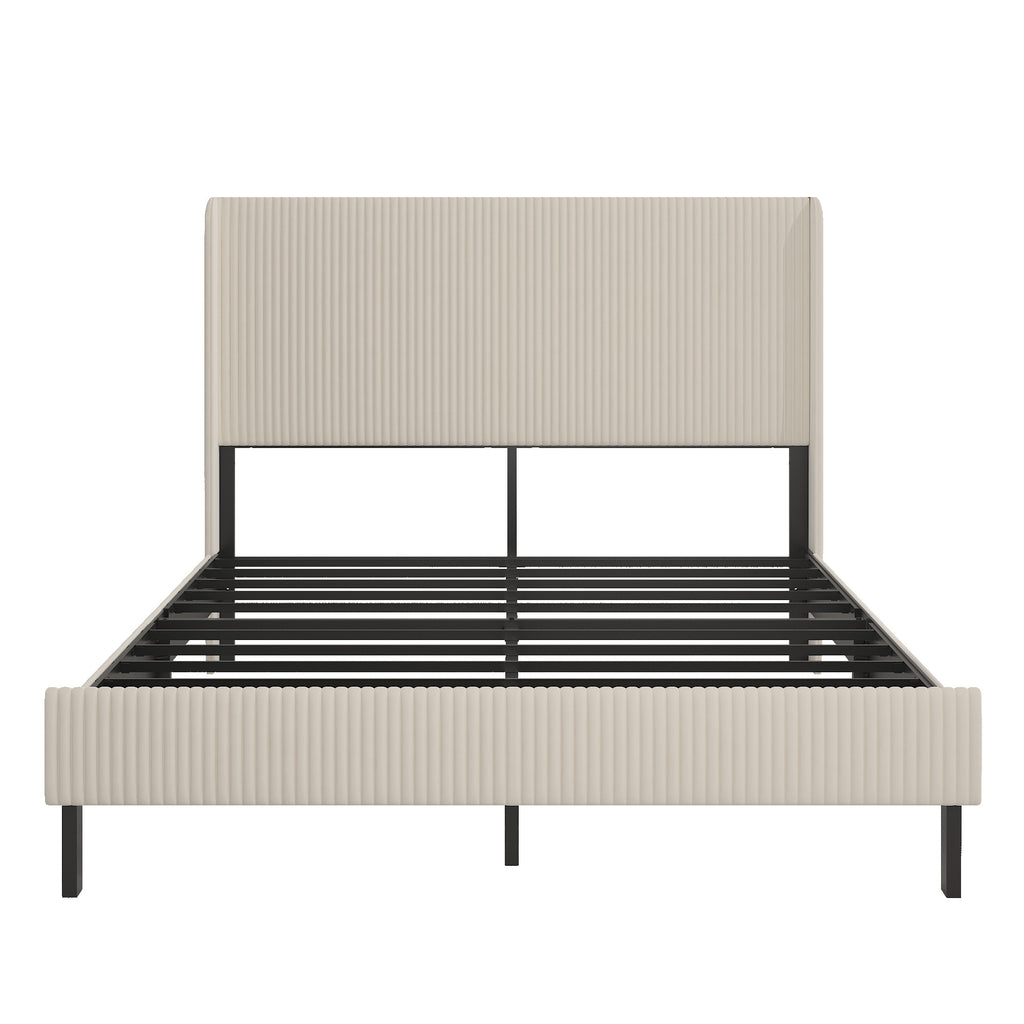 Beige Queen Size Platform Bed With Metal Frame And Built In Charging Station No Box Spring Required Exclusive Signature