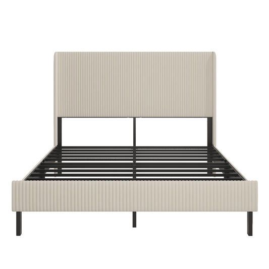 Beige Queen Size Platform Bed With Metal Frame And Built In Charging Station No Box Spring Required Exclusive Signature