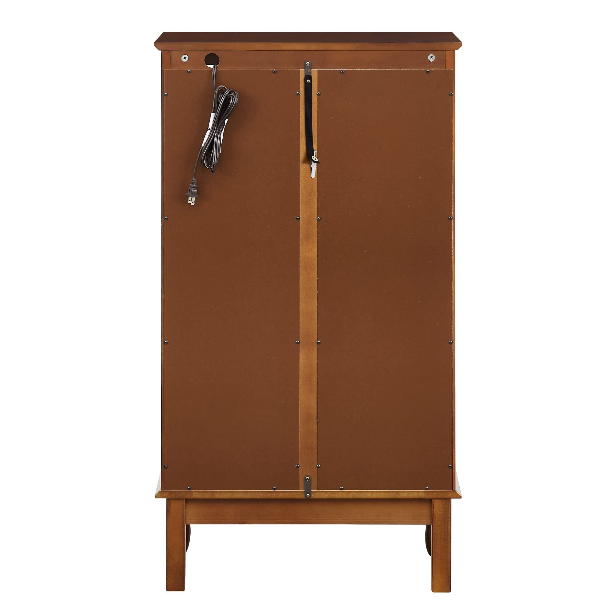 Anthony & Home oak finish lighted curio cabinet with mirrored back, showcasing glass shelves and elegant display space.