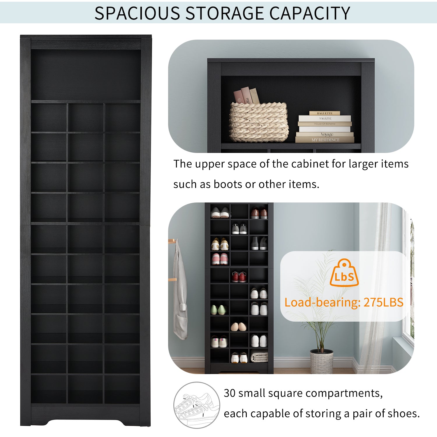 Anthony & Home On Trend Signature Shoe Cubby Console in black veneer with 30 compartments, showing organized shoe storage and sleek design.