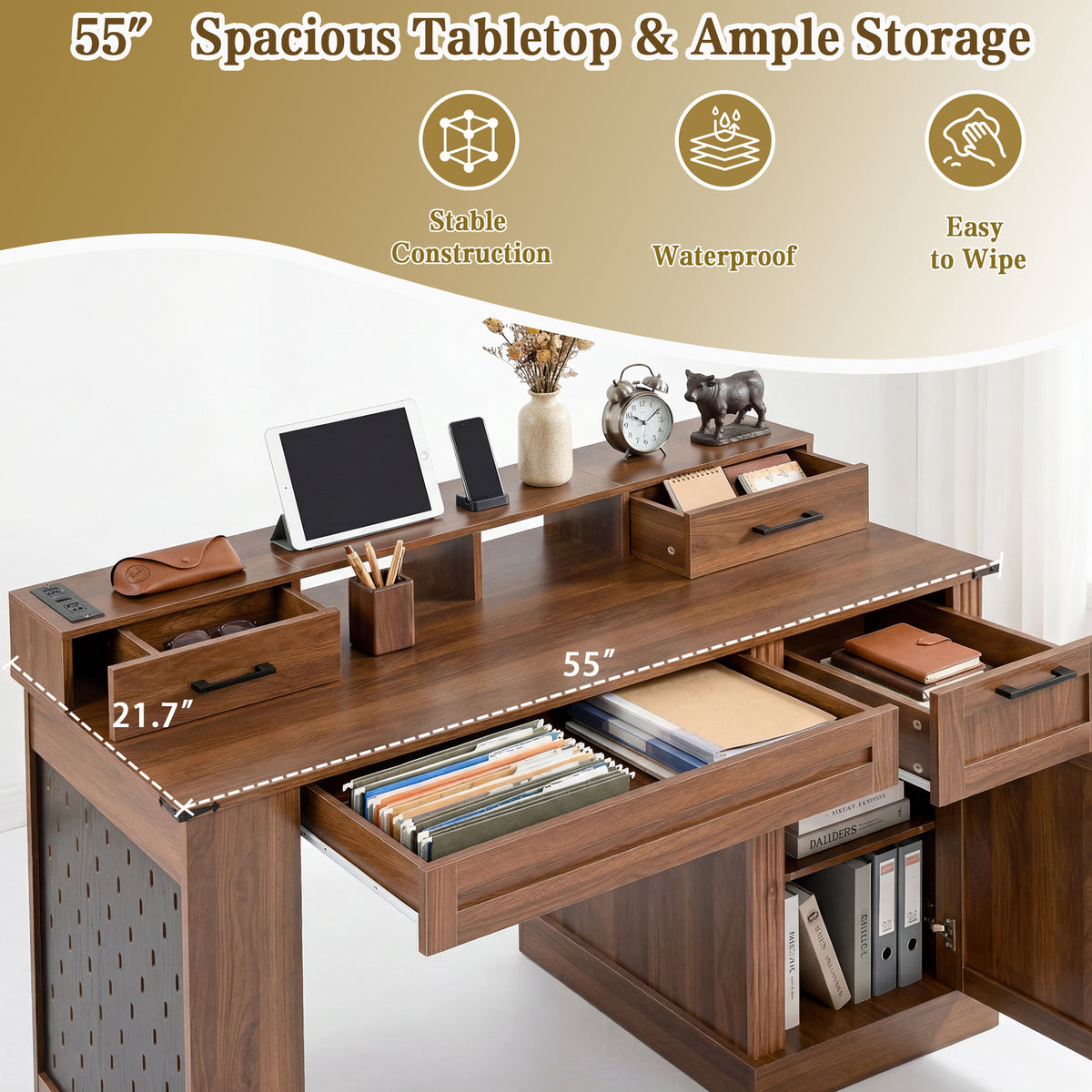 Dark walnut farmhouse office desk by Anthony & Home with barn door design, storage, and keyboard tray for a stylish workspace.