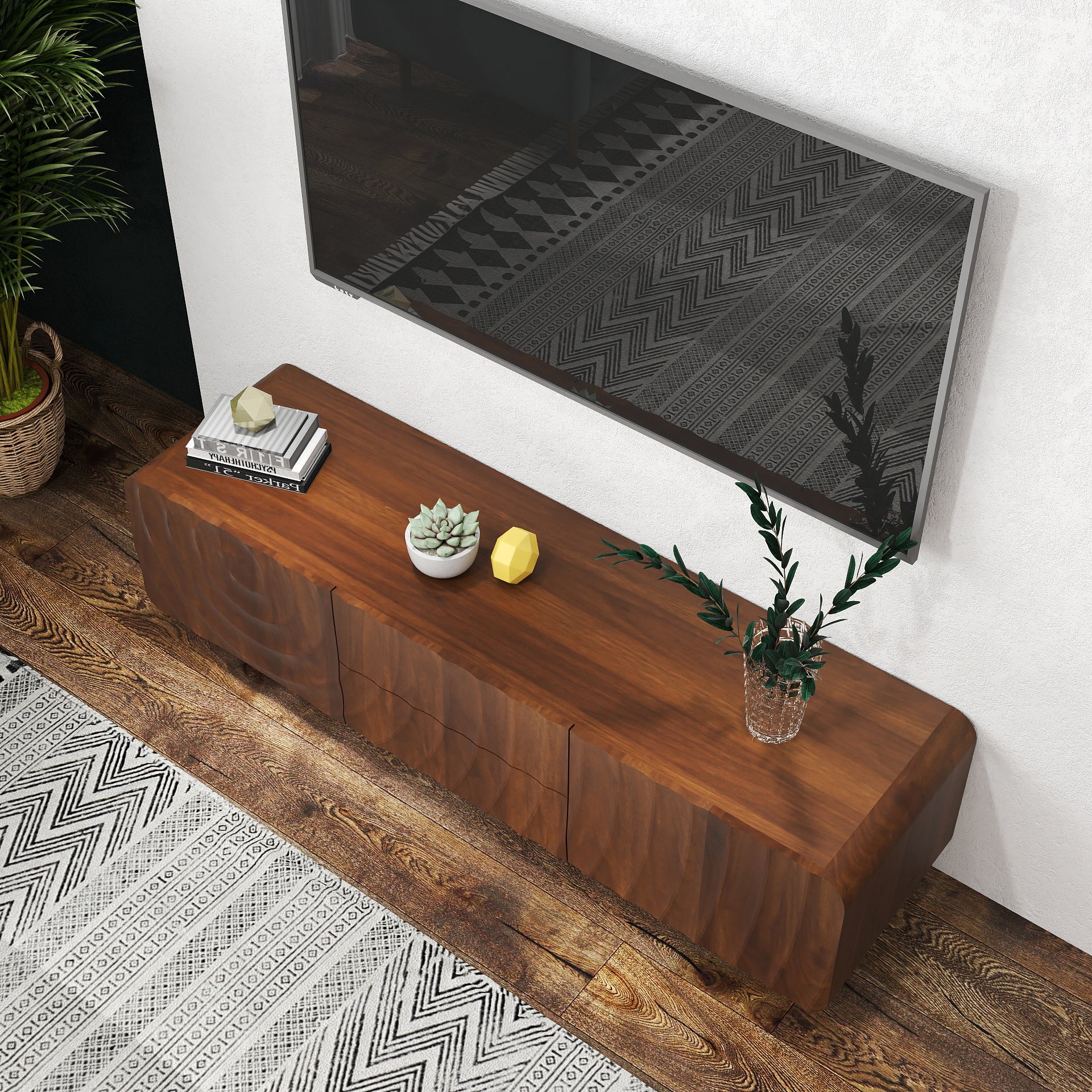 Walnut 58-inch TV console by Anthony & Home featuring a mid-century spiral wave design, storage cabinet, and two drawers.