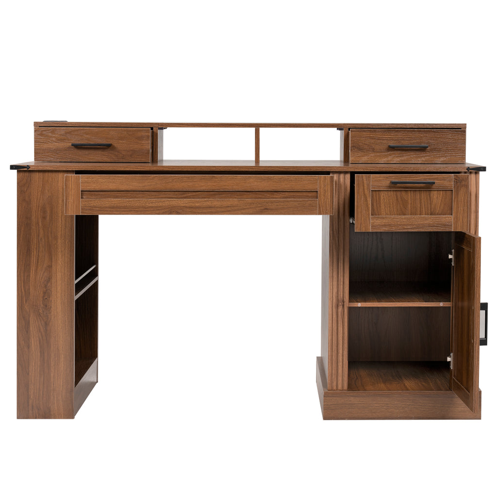 Dark Walnut farmhouse office desk with barn door design, storage drawers, and keyboard tray by Anthony & Home.