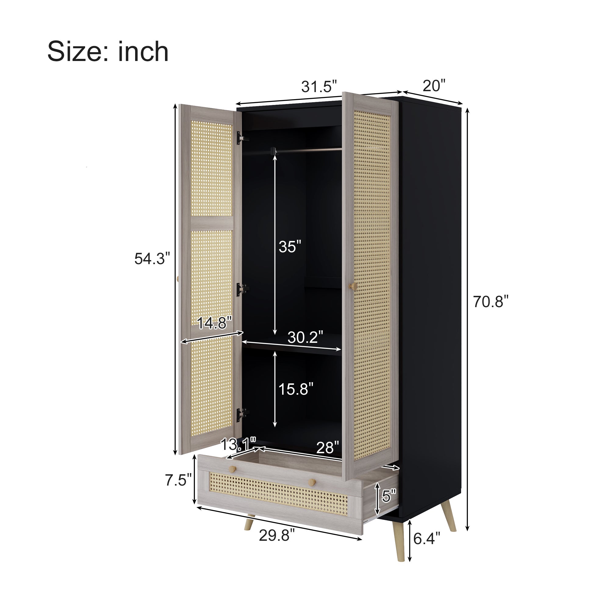 Anthony & Home boho armoire wardrobe with rattan door detail in natural black finish, showcasing a stylish storage solution