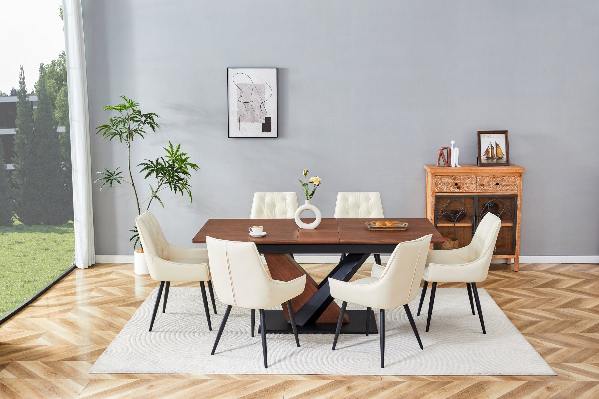 Dark walnut dining table with marble veneer top from Anthony & Home, showcasing a sleek and modern design.
