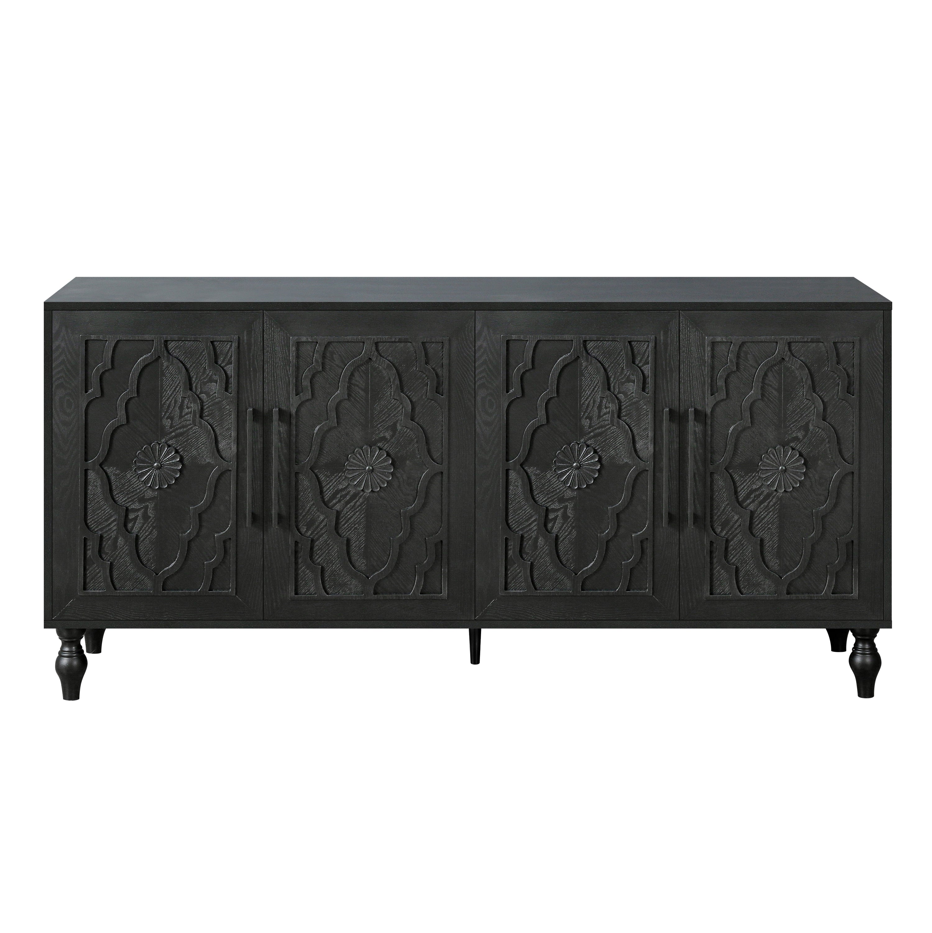 Black carved flower door storage cabinet with metal handle, suitable for living room, kitchen, or entryway from Anthony & Home