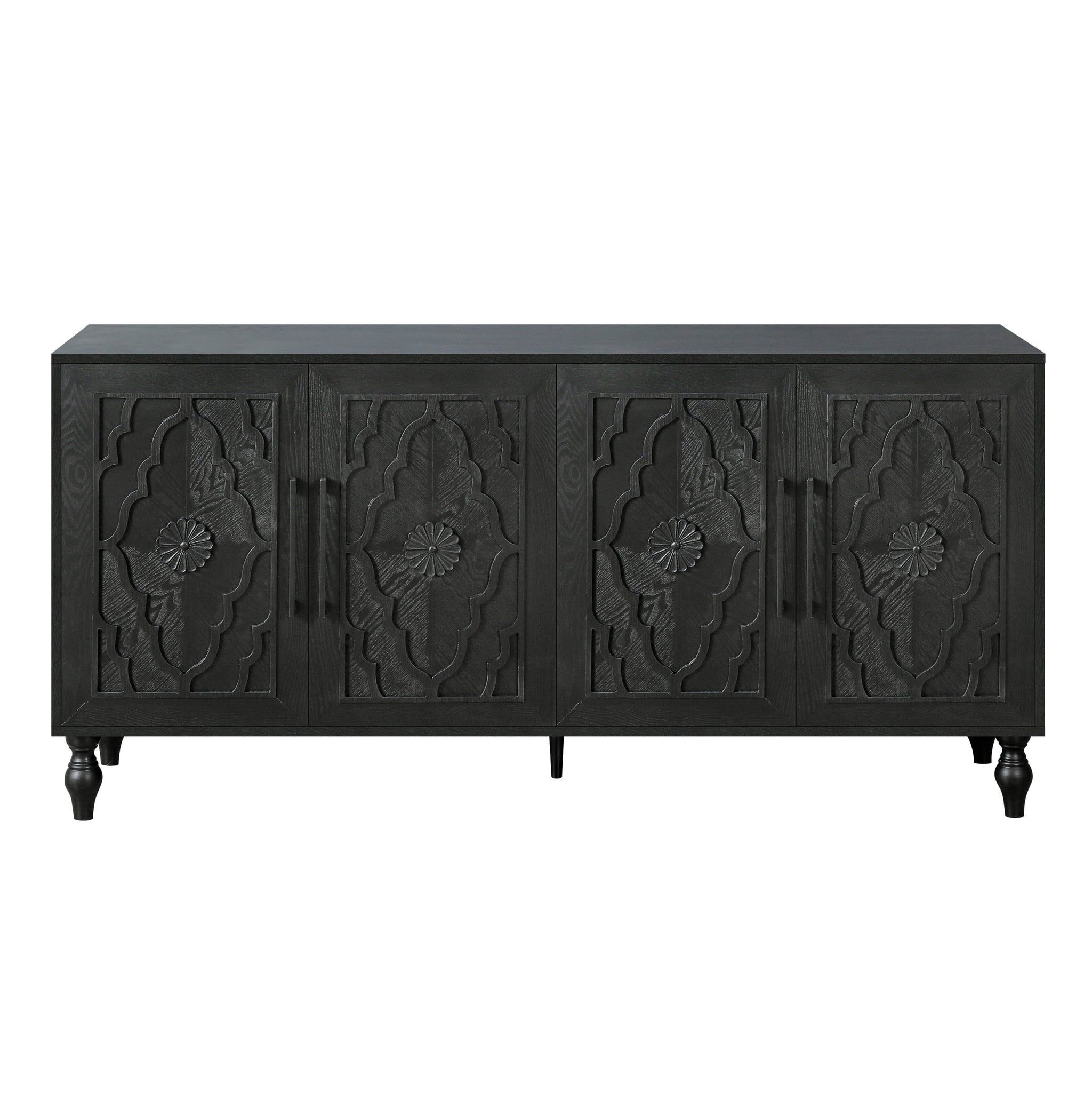 Black carved flower studio storage cabinet by Anthony & Home featuring intricate floral details and a sleek, modern design.