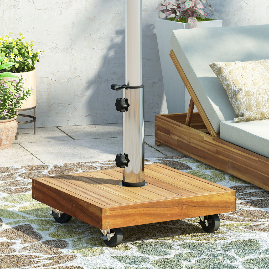 Anthony & Home Ralph Square Teak Umbrella Base for outdoor patio umbrellas, featuring a sturdy teak construction and square design.