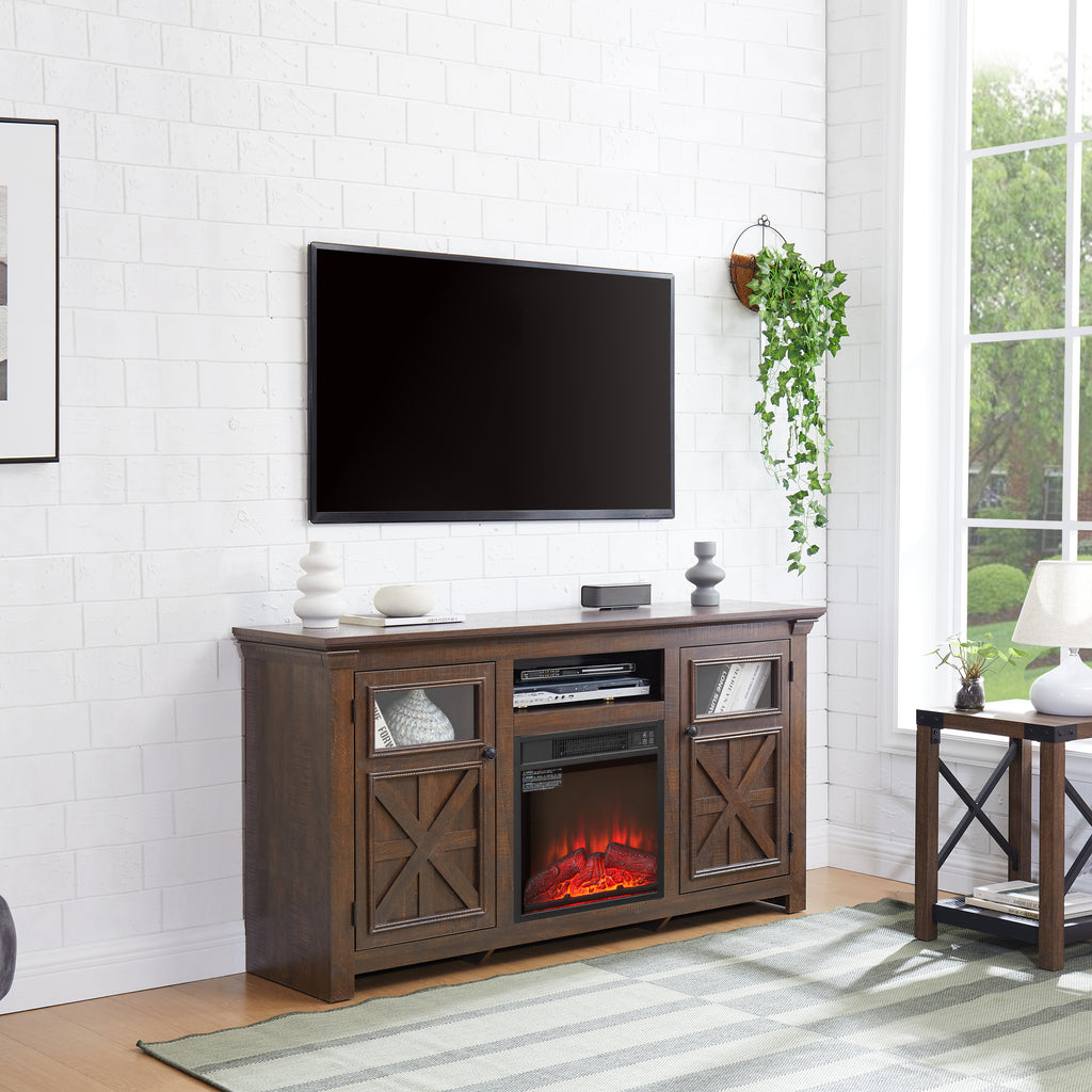 Anthony & Home Espresso Barnwood Two Door Media Console with rustic finish and storage compartments.