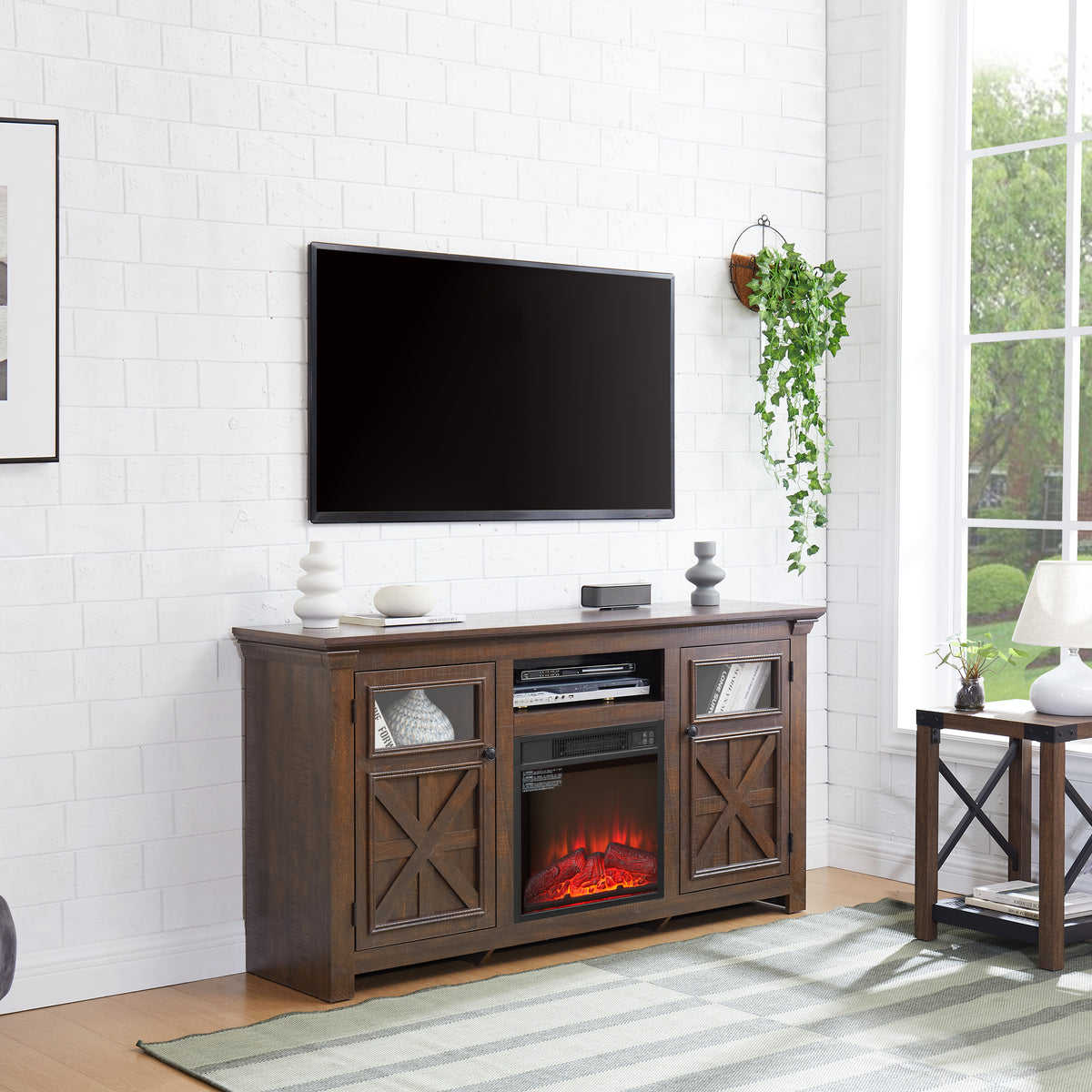 Anthony & Home Espresso Barnwood Two Door Media Console with rustic finish and storage compartments.