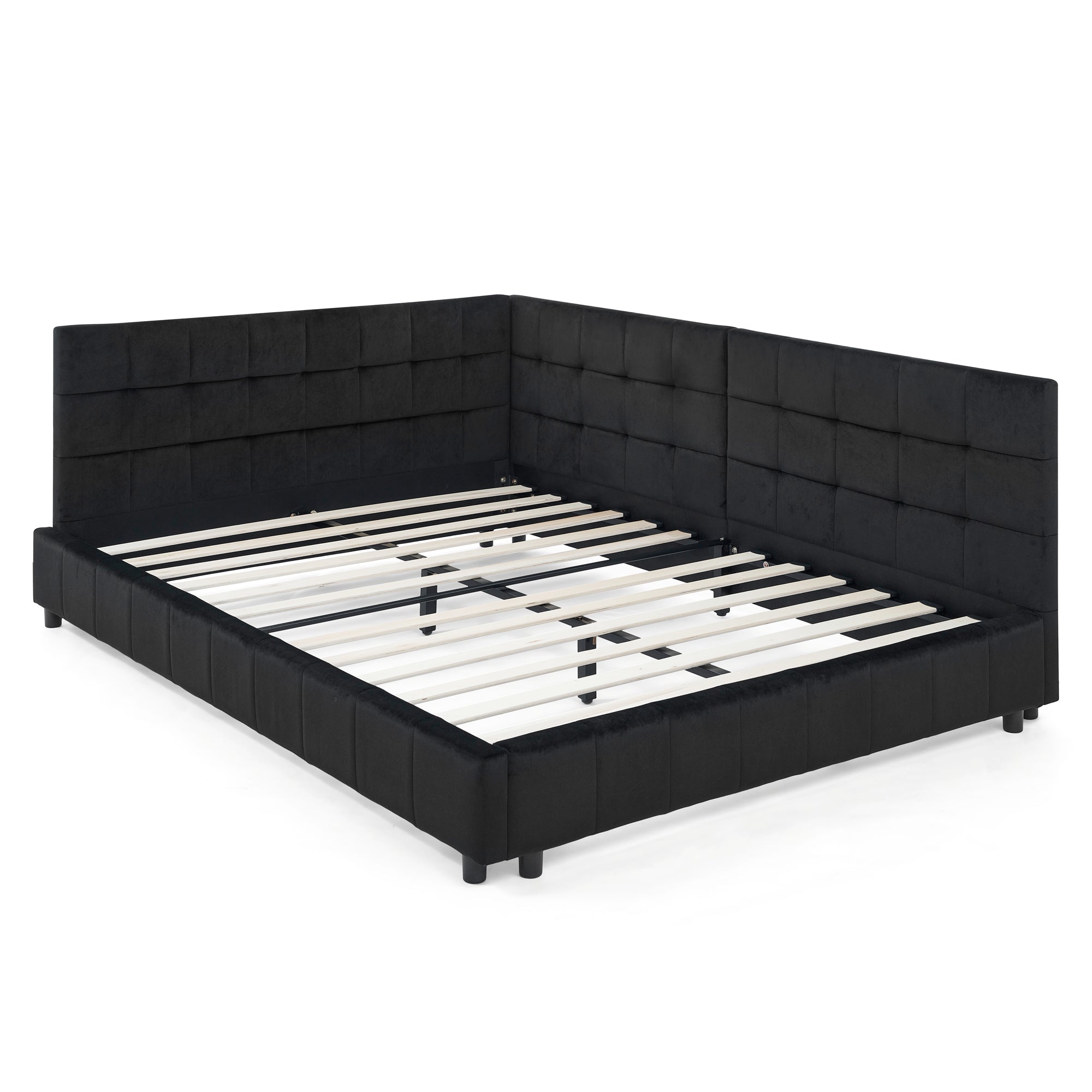 Full-size black Atelier Velvet Tufted Bed Frame by Anthony & Home with plush velvet upholstery and tufted headboard.