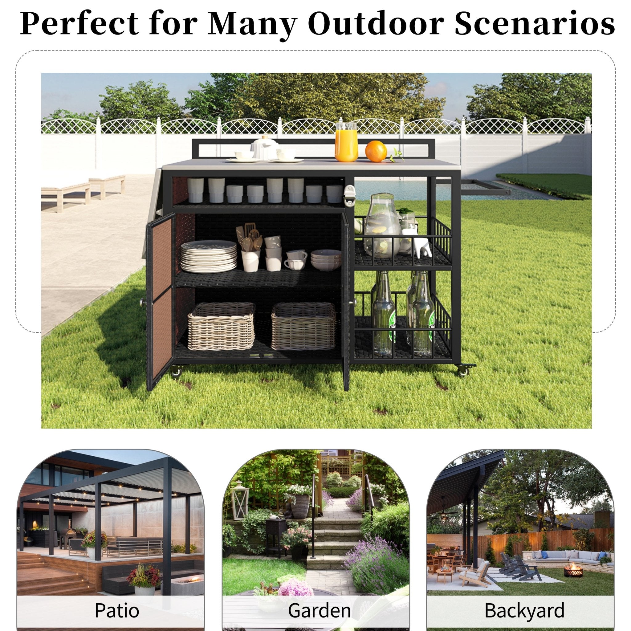 Outdoor kitchen island with storage and folding tabletop in dark brown PE rattan from Anthony & Home's premium collection