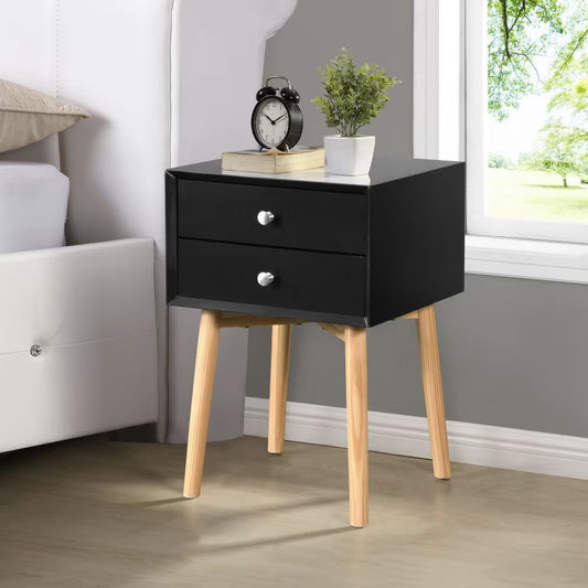 Modern Bedside Table With Two Drawers And Wood Legs