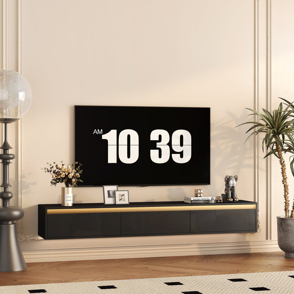 Floating Wall Mounted TV Stand With LED Lights Black