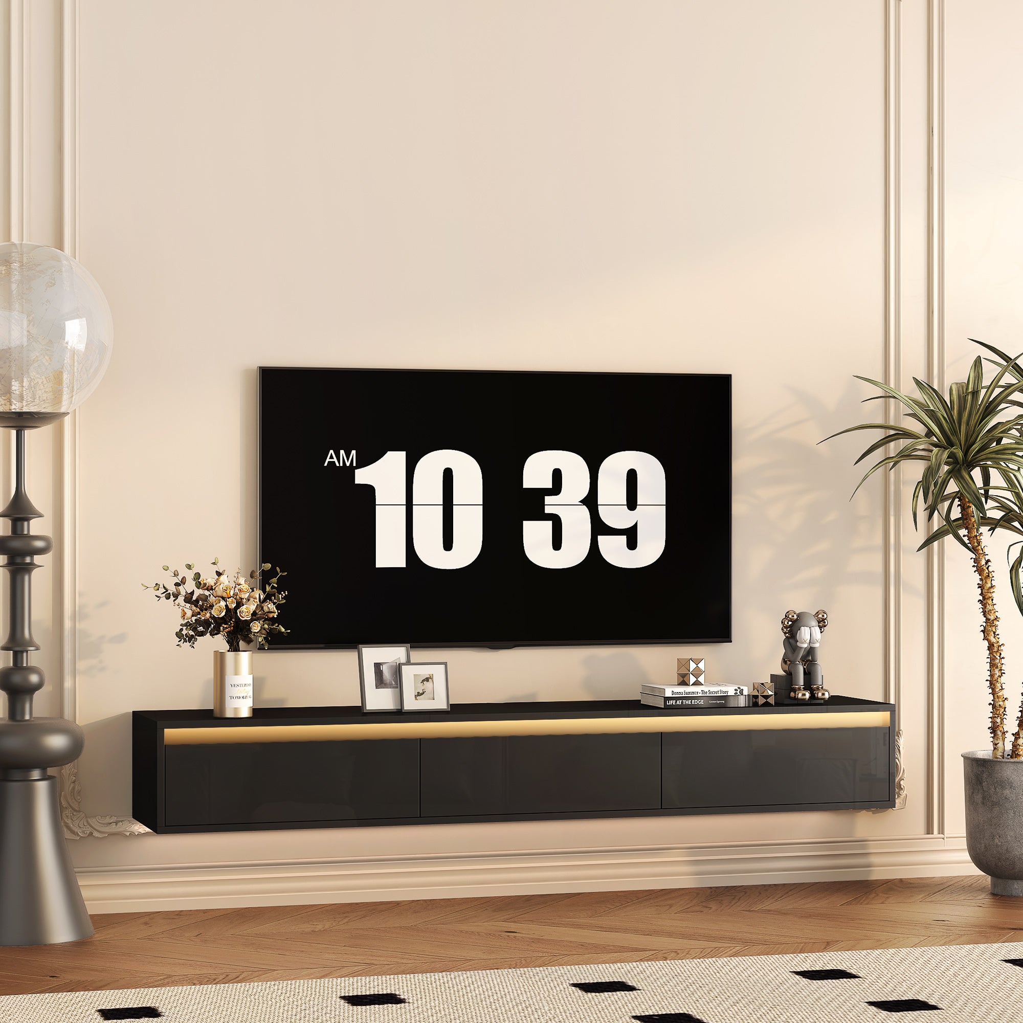 Floating Wall Mounted TV Stand With LED Lights Black