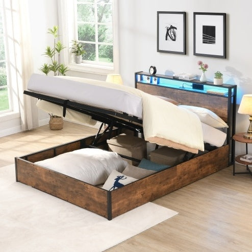 Wooden Platform Bed Frame With Lift Storage And Charging