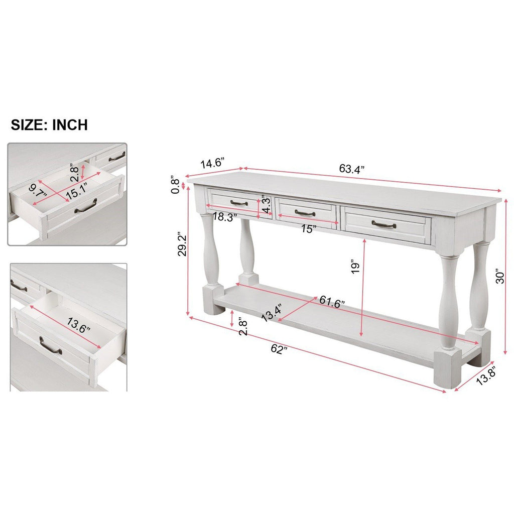 Antique white wood console table by Anthony & Home with 3 drawers, bottom shelf, 63-inch length, easy to assemble.