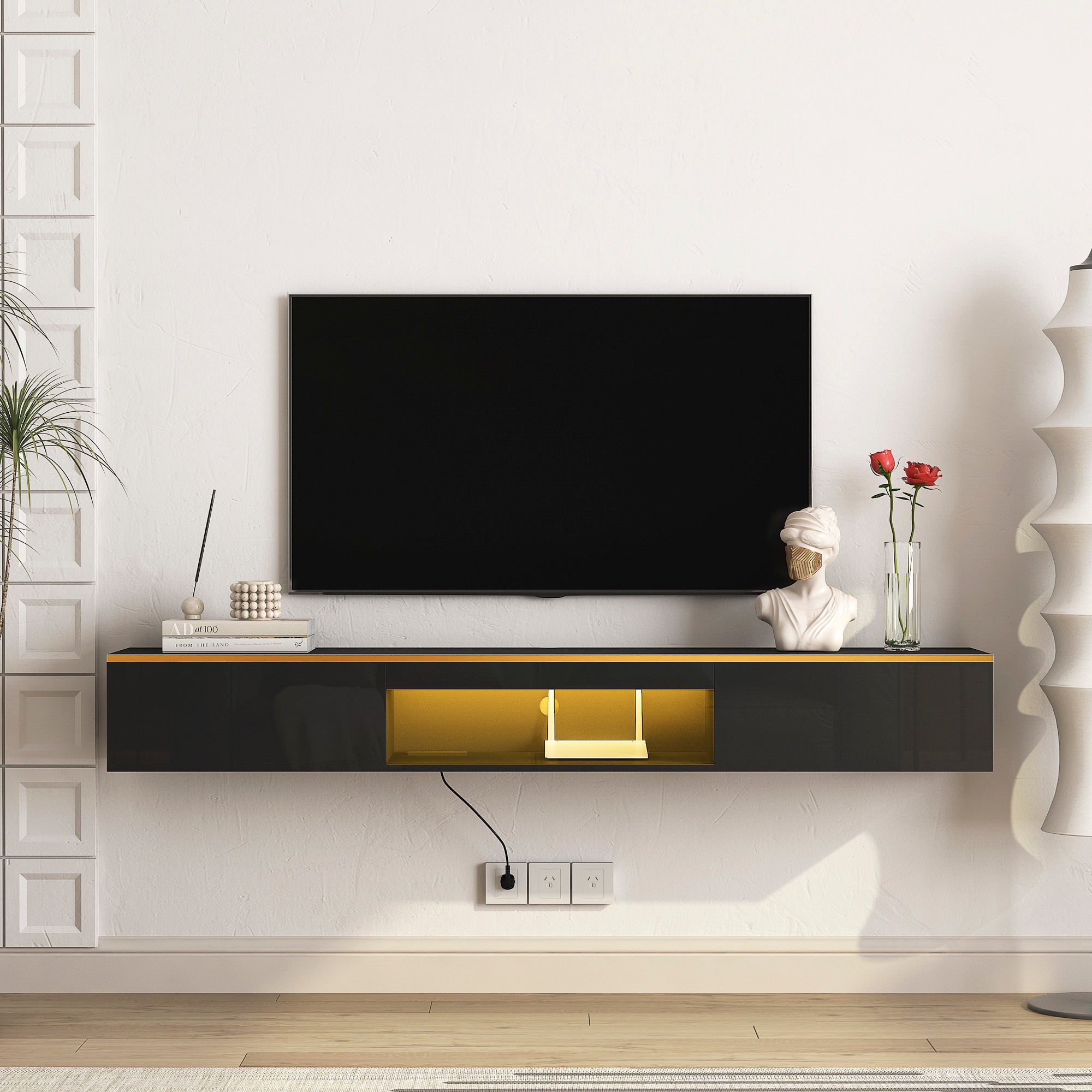 Floating Wall Mounted TV Stand With 16 Color LEDs Black