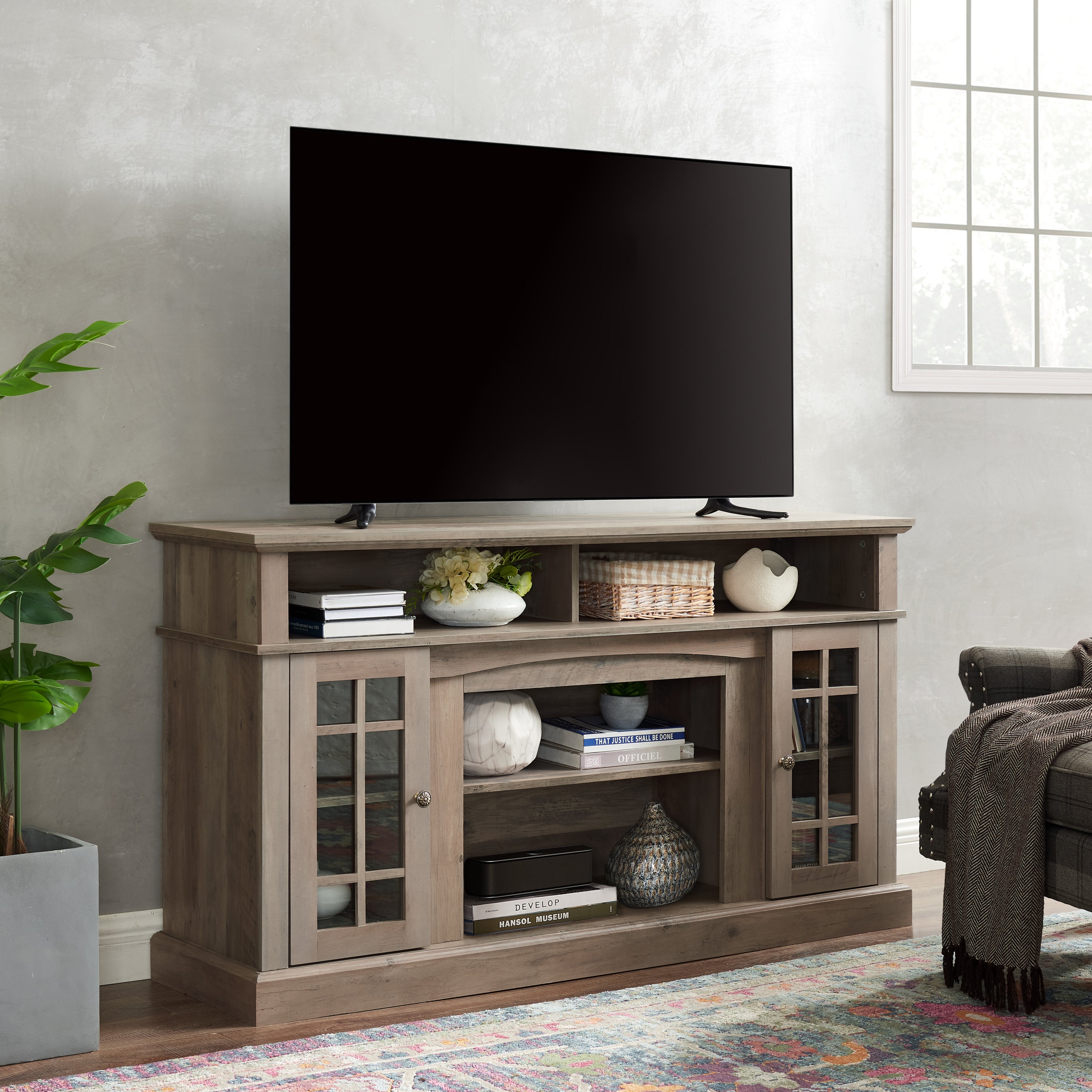 Anthony & Home gray wash media console with open shelving and storage compartments for TV and media accessories.