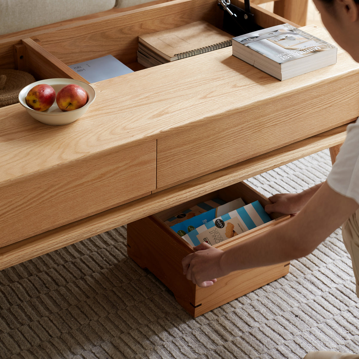 Anthony & Home solid oak coffee table with built-in storage shelf, 39.4 inches wide, 23.6 inches deep, and 17.7 inches high.