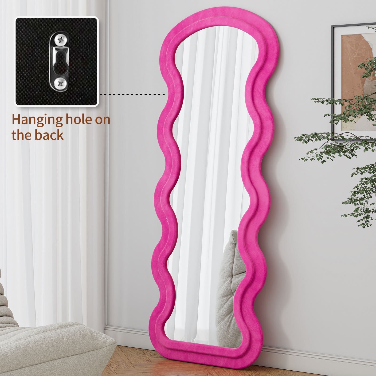 Anthony & Home Atelier Rose Floor Mirror with wave metal frame and synthetic wood accents, rose-toned glossy finish, signature collection