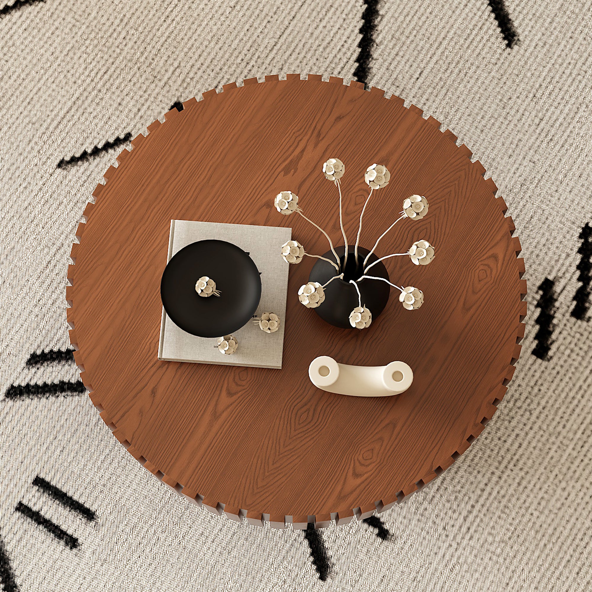 Round lacquered wood coffee table with pedestal base by Anthony & Home, showcasing smooth finish and elegant design.