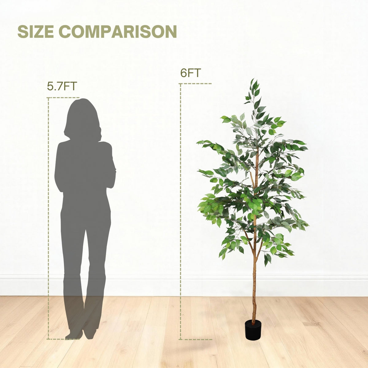 6 ft artificial Ficus tree with natural trunk in black pot for indoor home or office decor by Anthony & Home.