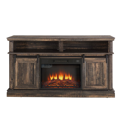 Antique Brown Entertainment TV Stand With Fireplace Insert